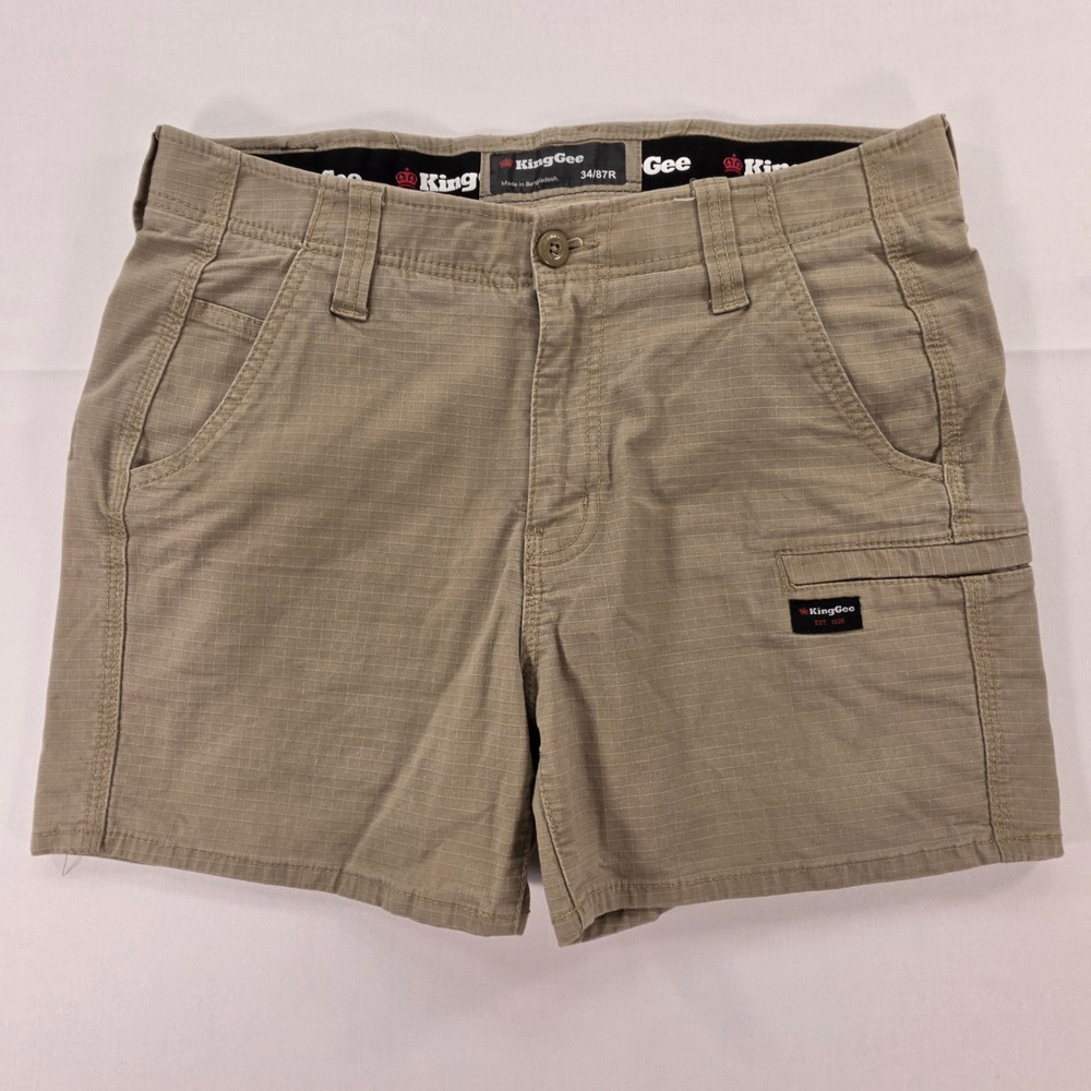 KingGee Mens Khaki Ripstop Work Shorts K17008 Size 34/87R Cargo Utility Pocket